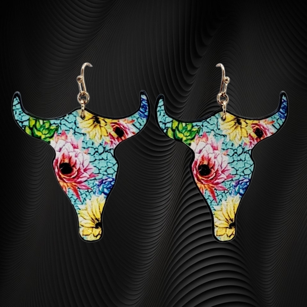 Colorful Western Steer Head Earrings On Faux Leather New - Picture 2 of 4